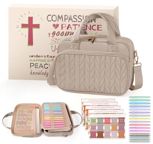 BellaHold Bible Cover Case for Women, Large Bible Bag with Study Supplies, Bible Journaling Kit with Highlighters and Pens No Bleed, Christian Gift for Women (Shoulder Strap, Smokey Taupe)