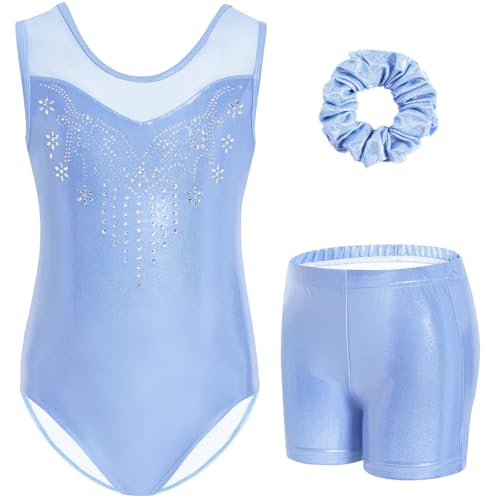Gogokids Flickors ärmlös strass gymnastikset, 3-delad barn trikåer med shorts och hårband, nät skarvad hals gymnastikkläder för flickor ålder 3-12, perfekt som gymnastikgåvor
