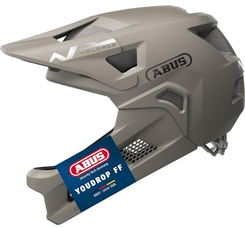 ABUS YouDrop FF - Casco de Bicicleta de montaña para niños y jóvenes, para iniciar el Ciclismo de montaña, con Protector de Barbilla extraíble, Color Gris, Talla S