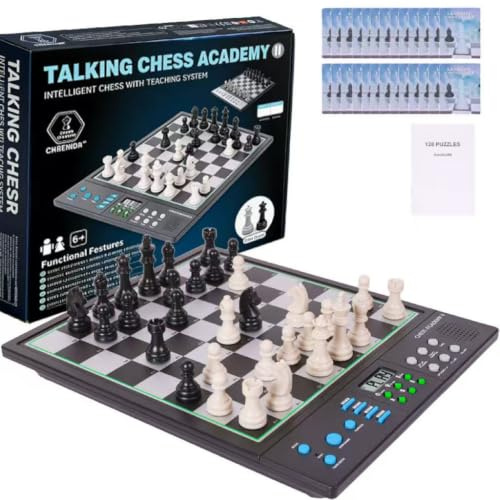 Advanced Electronic Chess Board, Smart Computer Chess Set with AI Voice Coach, ELO 2200+ for Improving Players, Magnetic Large Pieces & Board – Ideal for Adults & Kids, LCD Display (Black，English)