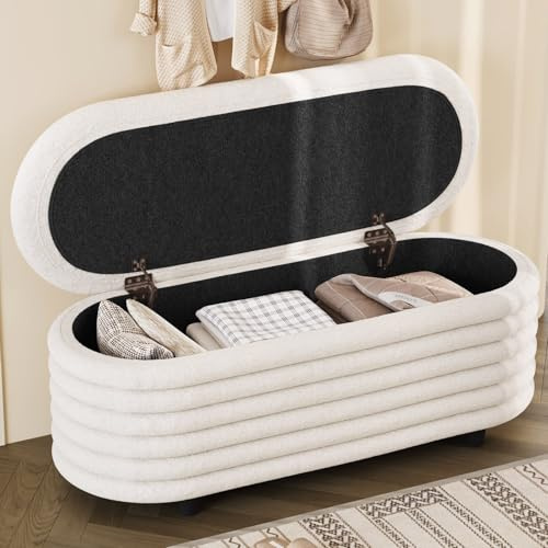 Storage Ottoman Bench with Hidden Storage, Boucle Teddy Fabric Bedroom Bench, End of Bed Bench for Bedroom, Entryway Shoe Bench Seat with Lid, Upholstered Bed End Bench for Living Room (Oval)