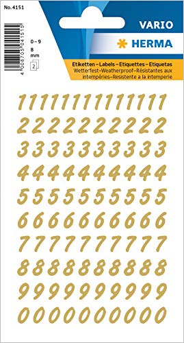 HERMA 4151 siffror klistermärken 0-9, väderbeständig (teckenstoralek 8 mm, 2 ark, folie) självhäftande, permanenta nummer klistermärken, 208 etiketter, transparent/guld