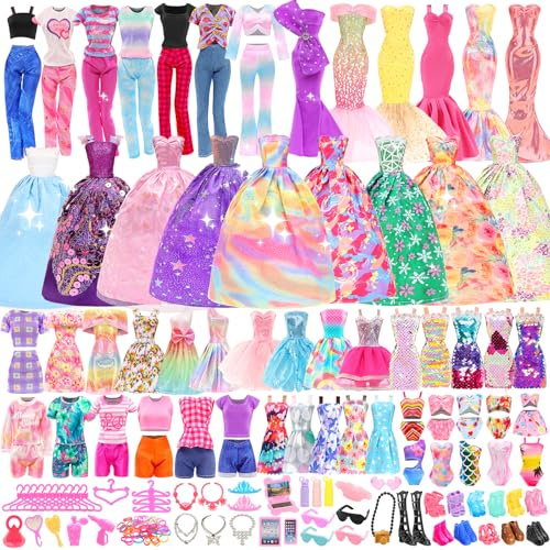 BARWA 116 Pack Doll Clothes and Accessories 5 Wedding Gown Dresses 9 Fashion Dresses Slip Dress 3 Tops 3 Pants 2 Swimsuits Bikini 16 Shoes 15 Hangers and 63 Accessories for 11.5 inch Doll