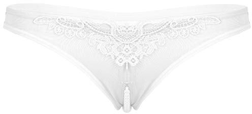 FEESHOW Damen Transparent String Tanga Ouvert Slip mit Perlenketten Frauen Perlenstring Erotik Höschen offener Schritt Unterhose Reizvolle Wäsche Dessous Weiß OneSize