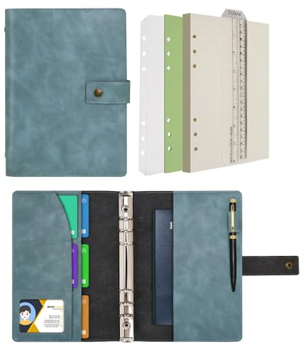 Wonderpool Carpetas Diario de cuero Cuaderno recargable Diario en espiral - Papel de cuadrícula de puntos y bolsillos interiores de cuero real para viajes escolares Trabajo (Cielo azul, A5)