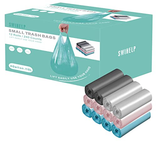 SWIHELP Bin Bags Trash Bags 15L with Handle 240 Counts, Small Garbage Bags for Office, Kitchen,Bedroom Waste Bin Liners,Portable Strong Rubbish Bags,Wastebasket Bags