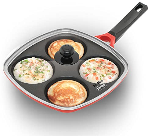 Hawkins 30 cm Die-Cast Multi Snack Pan with Glass Lid, Nonstick Mini Uttapam Tawa, Pancake Pan, Red (DCMS30G)