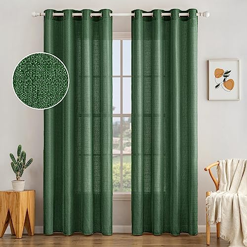 MIULEE 2er Set Voile Vorhang Sheer Leinenvorhang mit Ösen Transparente Unregelmäßige Textur Gardine Lichtdurchlässig für Schlafzimmer 225 x 140cm (H x B) Dunkel Grün