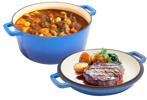 2 in 1 Enameled Cast Iron Dutch Oven Pot 6QT with 2QT Lid - Big Dual Handles - Oven Safe up to 500°F - Classic Round Pot for Versatile Cooking Blue