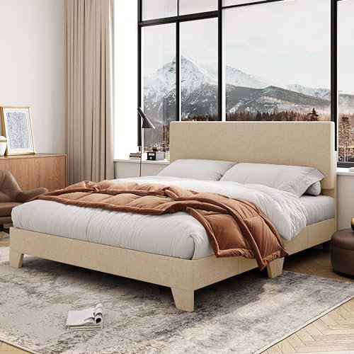 Allewie Queen Size Bed Frame with Adjustable Headboard, Upholstered Platform Bed with Wood Slats, Heavy Duty Mattress Foundation, No Box Spring Needed, Noise-Free, Easy Assembly, Beige