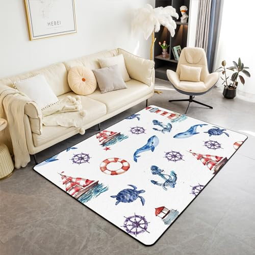 Meer Anker Ruder Bereich Teppich, Nautische Segelboot Küste Leuchtturm Wohnzimmer Teppiche für Kinder Teens Erwachsene, Aquarell Wal Schildkröte Rutsch Waschbarer Teppich für Indoor Outdoor 150x200