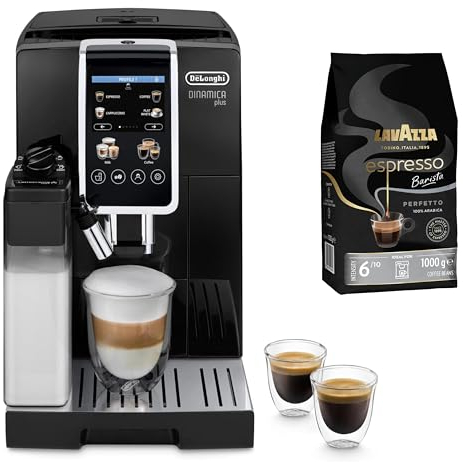 De'Longhi Dinamica Plus ECAM382.70.B, Máquina Automática de Café en Grano, Pantalla TFT 3,5'', 1450W, Negro + Lavazza, Espresso Barista Perfetto, Café en Grano Natural, 1 kg
