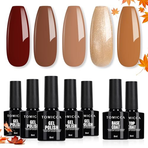 TOMICCA Vernis Semi Permanent, 5 Couleurs Vernis à Ongles Avec Base Coat &Top Coat No Wipe, Kit Série Marron Automne Gel UV Semi Permanent Soak Off Nail Art Kit De Démarrage Cadeau, 7 x 8ml