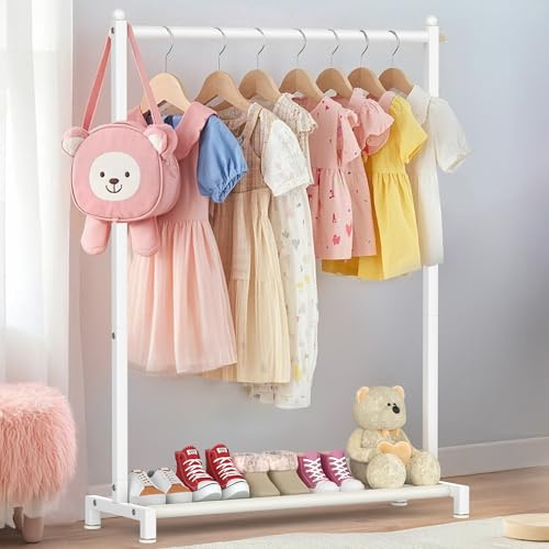 Livilord Perchero de ropa para niños, estante de almacenamiento inferior y perchero metálico para disfraces, color blanco