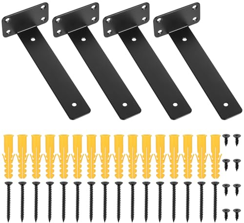 4 Pcs Black Shelf Brackets, Heavy Duty Wall Brackets for Shelves, Metal L Shelving Bracket for Walls, Floating Shelf Support Bracket for Scaffold Boards Wooden - 8 Inch