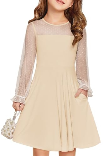 Haloumoning Klänningar, flickor, festlig prinsessklänning, barn, kontrast, mesh, långärmad, puff, sommarklänningar, elegant, A-linje rund hals, festklänning med fickor för 6–14 år
