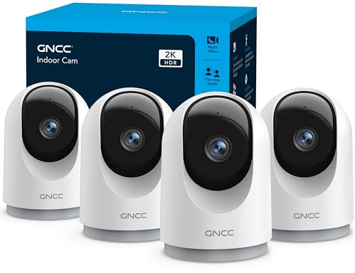 GNCC 2K Security Cameras 4pcs, Home Security Camera Indoor with 360° Motion Detection for Pets/Baby/Dog, Two-Way Audio, Night Vision, 24/7 SD Card Storage, Cloud Storage, Compatible with Alexa