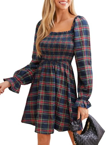 CUPSHE Women's Mini Dress Plaid Square Neck Long Puff Sleeve Smocked Ruffle A Line Fall Casual Dresses Navy Blue