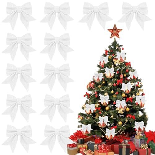 Lot de 12 Noeuds de Ruban de Noël Blanc, Arcs de Noël Pailletés 12 x 15cm, Decoration Sapin de Noeud Noel, Deco Sapin de Noel Réutilisable pour Guirlande Cadeaux Voiture Mariage Fêtes