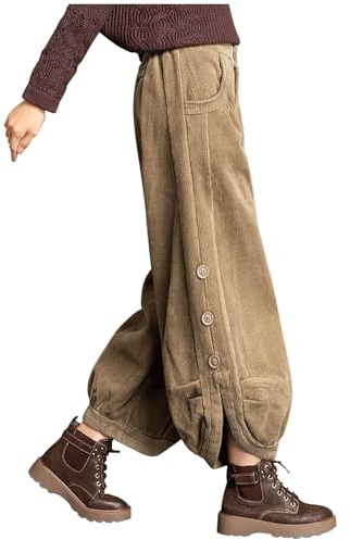Womens Corduroy Wide Leg Pants Casual Loose Baggy Drawstring Palazzo Harem Pants Side Split Clothes with Pockets Khaki L