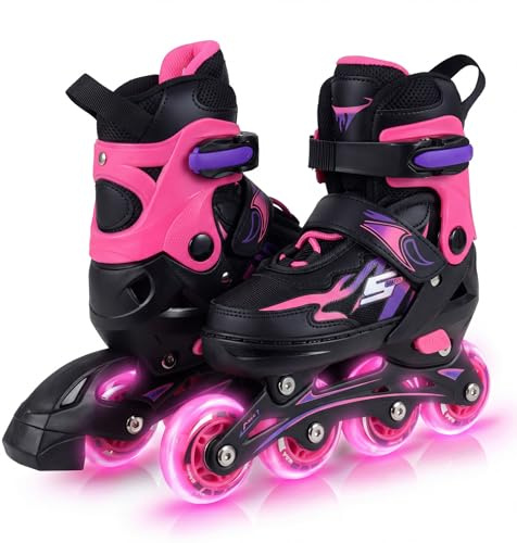 COSTWAY Rollschuhe Kinder, 4 Größen verstellbar, Inline Roller Skates für 5-7 Jahren, Inliner mit leuchtenden Rädern, Kinderrollschuhe drinnen & draußen für Jungen, Mädchen & Anfänger (30-33,Rosa)
