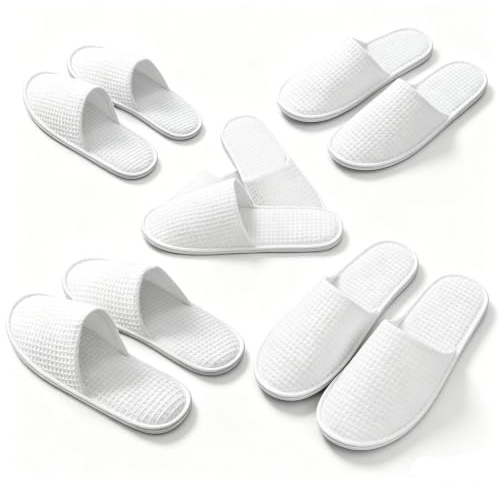 Defresit 5 Pairs of Hotel Slippers, Waffle Closed Toe,Disposable Deluxe Closed Toe Spa Slippers, Flat White House Shoes Washable and Foldable Winter Slippers for Spa, Party Guest and Travel