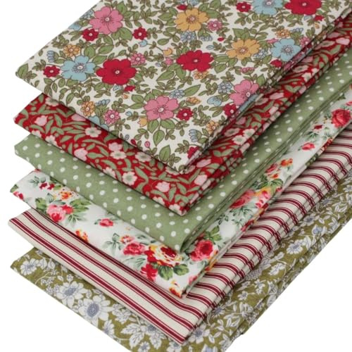 6 Fat Quarters Bundle- 'Pink, Red and Green, Vintage Style' 100% Cotton Fabric. Ideal for Quilting and Craft Sewing (Includes Free Patchwork Pattern)