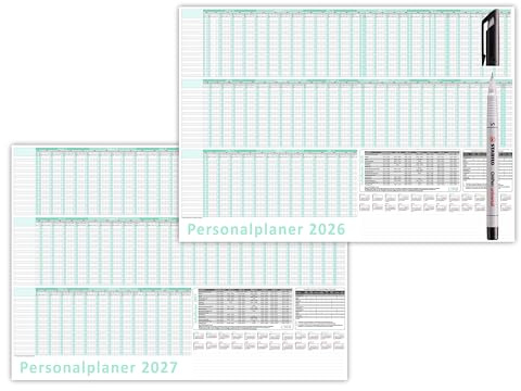 Urlaubsplaner/Personalplaner 2026 + 2027 nass abwischbar mit Folienkaschierung plus Folienstift - DIN B2 Format (700 x 500mm) 22 Mitarbeiter Januar bis März Folgejahr mit Schulferien (gerollt!)