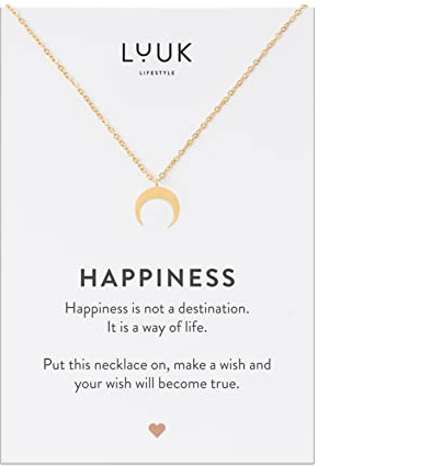 LUUK LIFESTYLE Collar para mujer con colgante Luna y dedicatoria Happiness, accesorio de moda moderno y minimalista, joya para uso cotidiano, amuleto de la buena suerte, oro
