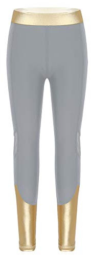 Yeahdor Kinder Mädchen Hosen Sport Tanz Leggings Lang Hose Ballett Strumpfhose mit Metallic & Mesh Spleiß für Yoga Tanzen Fitness Grau 158-164/13-14Jahre