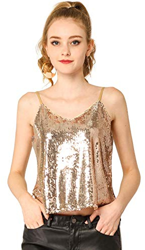 Allegra K Damen Festliches Oberteil Glitzer Top Spaghetti Party Club Camisole Pailletten Shirt Gold S