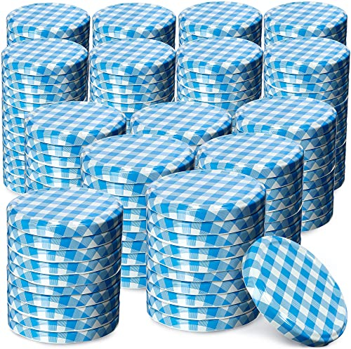KADAX Lot de 200 couvercles à visser - Diamètre : 82 mm - En métal - Avec 6 dents d'encliquetage - Idéaux comme couvercle de rechange pour les bocaux à conserve - Bleu à carreaux