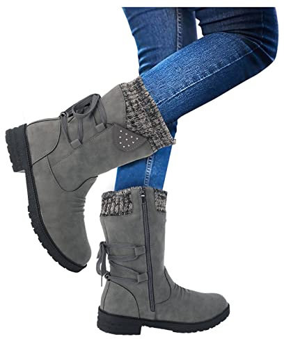 IQYU Stivali Invernali da Donna Grigio, Taglia 42 EU, Impermeabili, Tacco a Blocco, Over-Knee, Pelliccia Sintetica, Tinta Unita, Donna, Stivali da Neve, Invernali, Neve