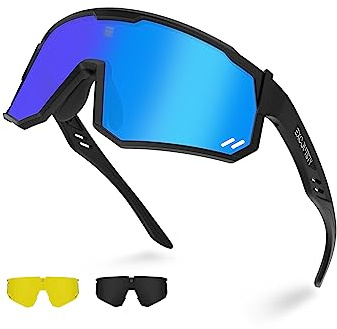 Excoutsty Lunettes de soleil de sport polarisées pour homme et femme, UV400, coupe-vent, lunettes de soleil de cyclisme avec 3 verres interchangeables, Noir et bleu., One Size