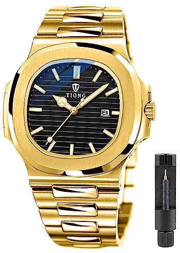 Tiong Herren-Business-Uhr mit quadratischem Achteck-Design, wasserdichte leuchtende Quarzuhr für Herren, Datums-Quarzuhr aus Edelstahl für Herren