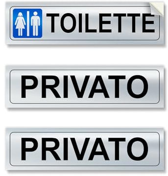 Readyprint, set adesivi TOILETTE e PRIVATO, mis. 15x4 cm, color argento satinato, set targhette adesive impermeabili, lavabili, per porte, 3 pz.