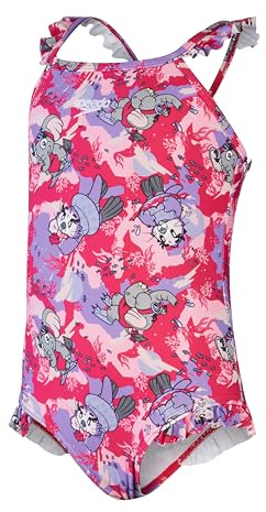 Speedo Learn to Swim Printed Frill Thinstrap Costume da Bagno per Bambina, Rosa/Viola, 5 Anni
