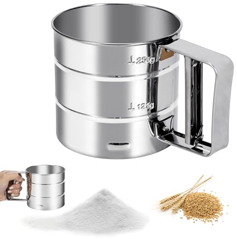 QH-Shop Setaccio per Farina Acciaio Inox 250g Setaccio per Farina Semiautomatico con Manico Setaccio da Cucina con Scala per Farina Cacao in Polvere Zucchero a Velo Argento