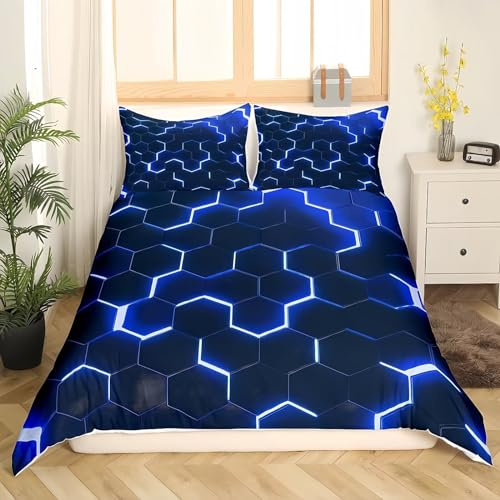 Tabeskly Boy Hexagon geometry Bedding Duvet Covers Set Double, Kids Graffiti Soft Zipper Childrens Full Bed 3 Piece Quilt Covers and Pillowcases Black Blue 200×200cm