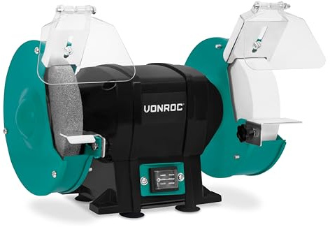 VONROC Bänkslipmaskin 250W - Ø150 mm - dubbelslipskiva P35/P60 - tyst induktionsmotor - metallhölje, vibrationsdämpande ben - för slipning, avgradning, metall och HSS-stål - BG502AC