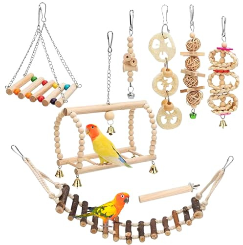 Natural Wood Bird Swing and Chewing Set - 8Pcs Parrot Accessories, Hanging Perch Hammock Climbing Ladder for Parakeet Cockatiel Lovebirds Conures Finches (Natural A)