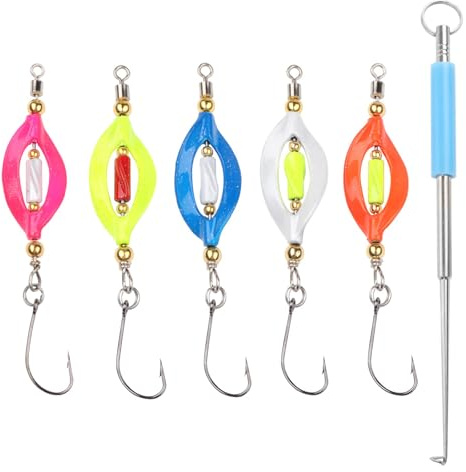 JaneYi 5 Piezas Cucharillas de Pesca Trucha Señuelos Spinner Bait Pesca UV-Activo y Autoluminiscente Cebos Artificiales para Truchas con Gancho Simple Incluye Quitaganchos y Caja