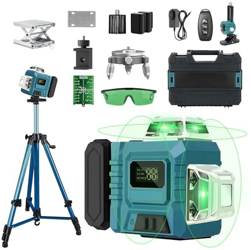 Láser de líneas cruzadas con trípode, 4D 16 líneas láser verde, láser cruzado con 2 pilas de 3000 mAh, 4 x 360 ° nivel láser autonivelante, láser de líneas, láser cruzado con indicador LED y agua IP54