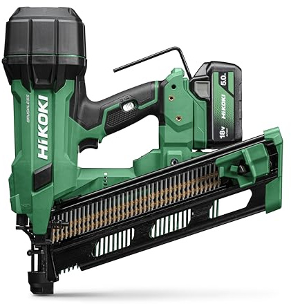 HiKOKI Clavadora de tiras de batería de 21° - 18 V, 50-90 mm, potente luz LED, motor sin escobillas, accionamiento por resorte neumático, ajuste de profundidad sin herramientas, incluye 2 baterías de