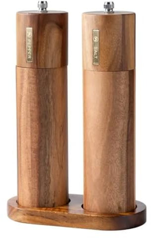 Fidano™ I SpiceCraft - Set di macinasale e pepe a mano con supporto, macinaspezie manuale in legno di acacia e macina in ceramica, 2 pezzi da 35 g