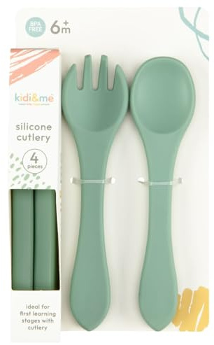 Silicone - This Set of Silicone is Ideal for First Learning Stages with - Wipe Clean After Use - Includes: 2 X Knifes, 1 X Spoon, 1 X Fork (Green)