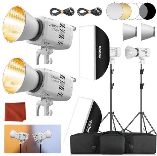 2Pack Godox Litemons LE200Bi Professional Video Light - 220W Bi-Color LED, CRI 98+, 2800K-6500K, 57700 Lux Output, Bowens Mount, DMX/App Control for Studios Ultra Quiet for Content Creation