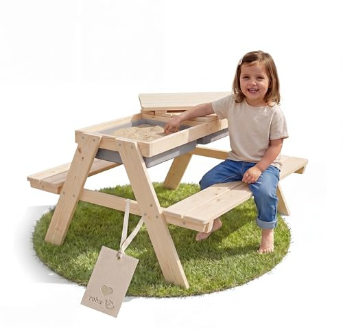 roba Ensemble de sièges pour Enfants « Play for 4 » Outdoor+ avec bacs de Jeu, Ensemble en Bois Massif et Table à Boue