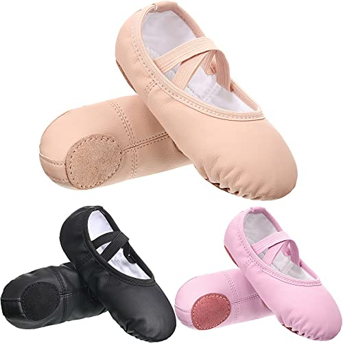 SATINIOR 3 Pairs Ballet Shoes for Girls Toddlers Practice Shoes Ballet Shoe Yoga Shoes 3 Colors Ballet Slippers Flats for Toddler Kids Dancing (9 Toddler) Black, Pink and Beige