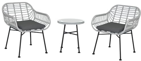 Outsunny Set Mobili da Giardino in Rattan PE da 3 Pezzi, Salotto da Esterno con 2 Sedie e Tavolino con Ripiano in Vetro per Terrazza e Bistrò, Grigio